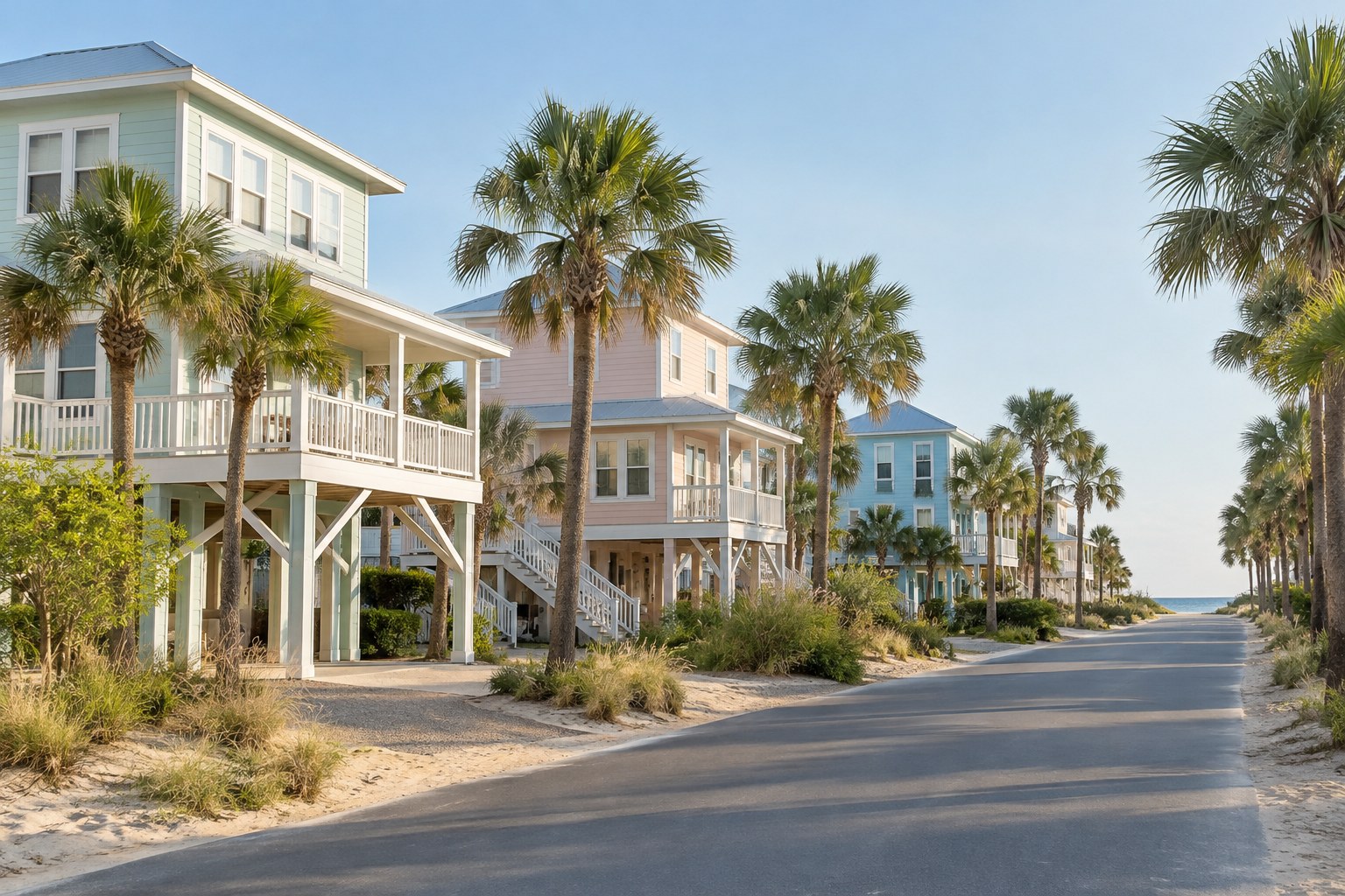 A quiet coastal Texas street of beach homes, illustrative