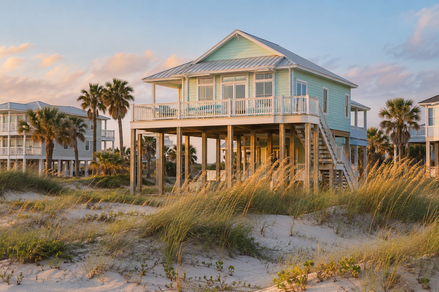 A coastal Texas beach house on stilts with soft dunes and warm evening light, illustrative