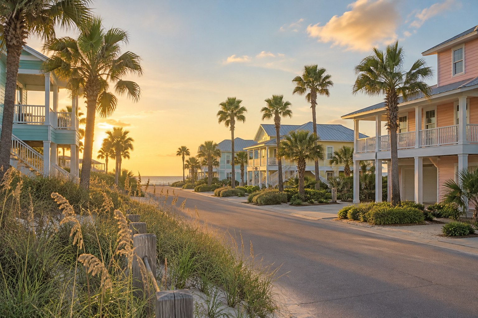 A coastal Texas street at golden hour, illustrative