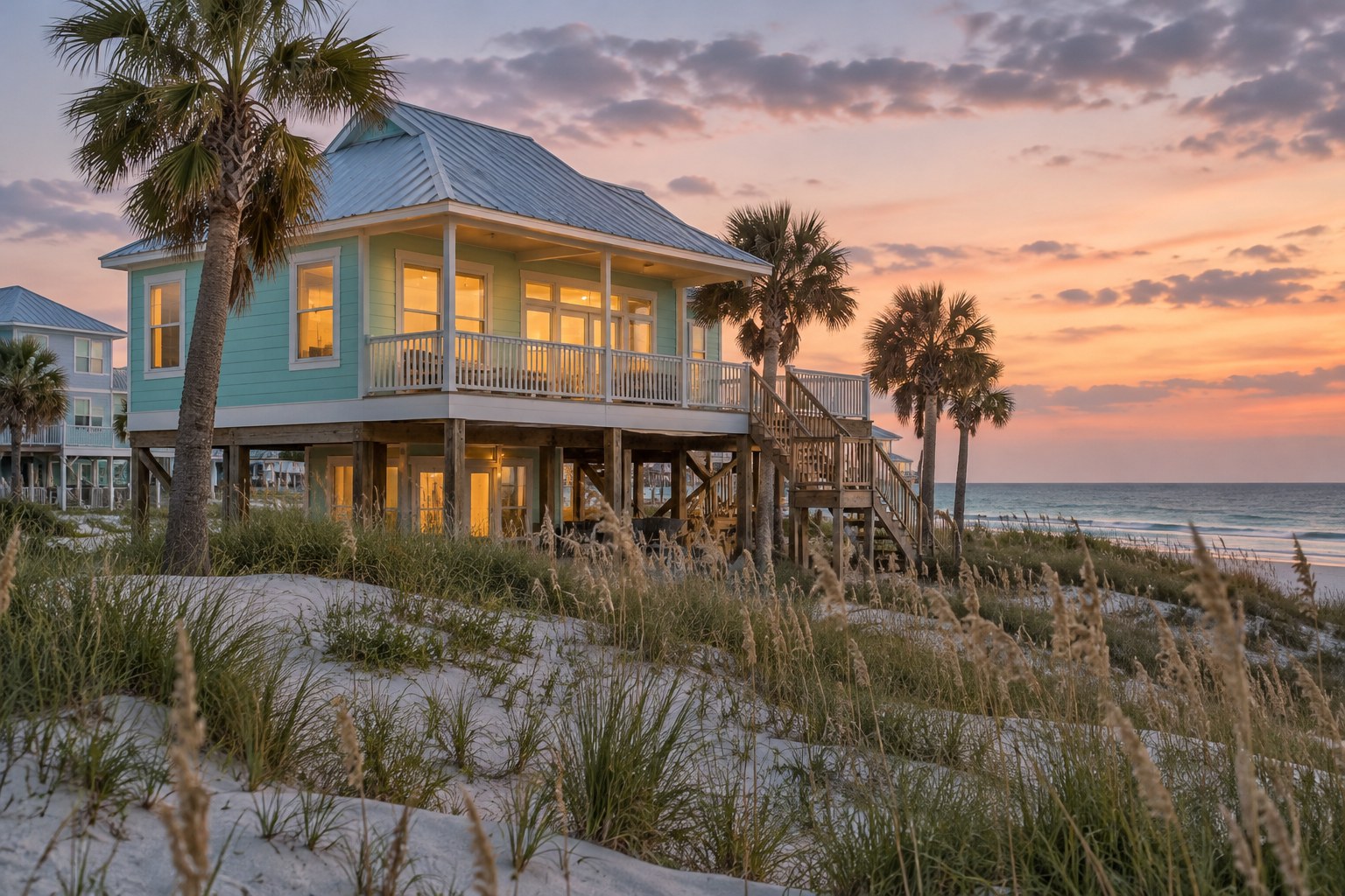 A coastal Texas beach house at dusk, illustrative