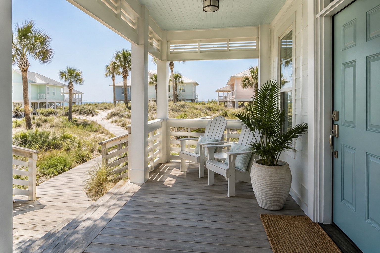 A shaded front entry of a coastal Texas home, illustrative